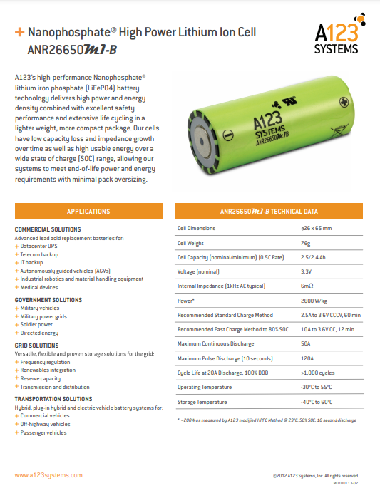 A123 36v 19.2ah 736wh Lifepo4 - 96x 26650 M1B Cells - $61 kWh For Discount