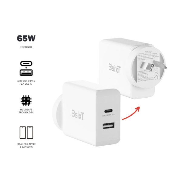 3sixT ANZ 65W USB-C PD + 2.4A Wall Charger - White Online Hot Sale