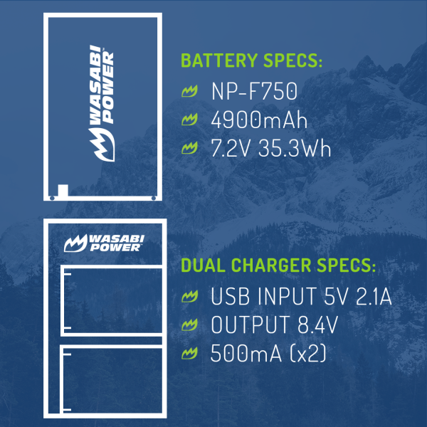 Sony NP-F730, NP-F750, NP-F760, NP-F770 (L Series) Battery (2-Pack) and Dual Charger by Wasabi Power Supply