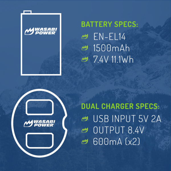 Nikon EN-EL14, EN-EL14a Battery (2-Pack) and Dual Charger by Wasabi Power on Sale