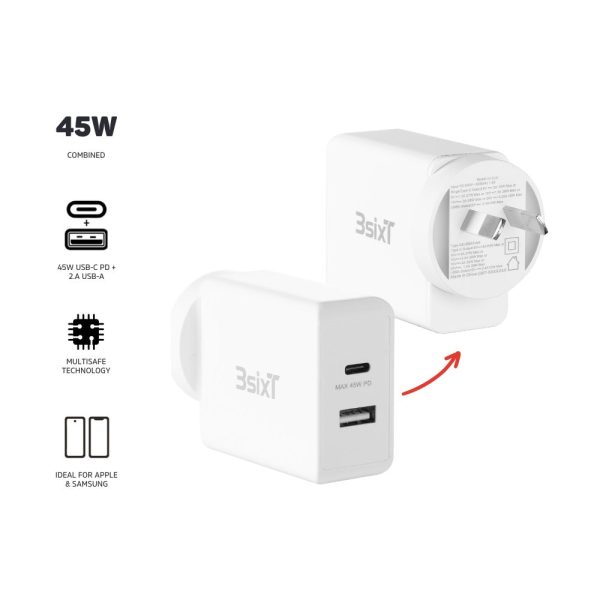 3SixT ANZ 45W USB-C PD + 2.4A Wall Charger - White Supply