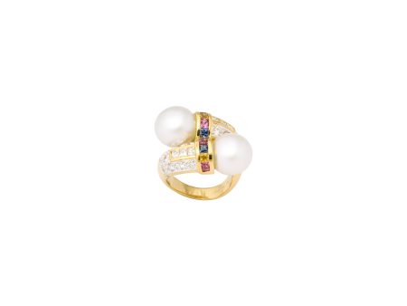 Toi et Moi South Sea Pearl Multicolor Sapphire + Diamond Cocktail Ring Hot on Sale