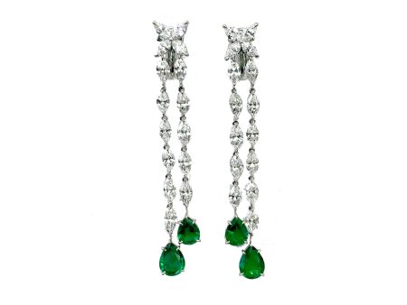 Marquise Diamond and Emerald Sweep Platinum Chandelier Earrings For Cheap