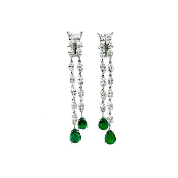 Marquise Diamond and Emerald Sweep Platinum Chandelier Earrings For Cheap