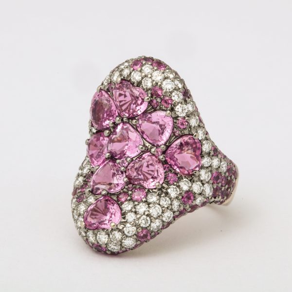 Pink Heart Sapphire + Diamond Saddle Ring Supply