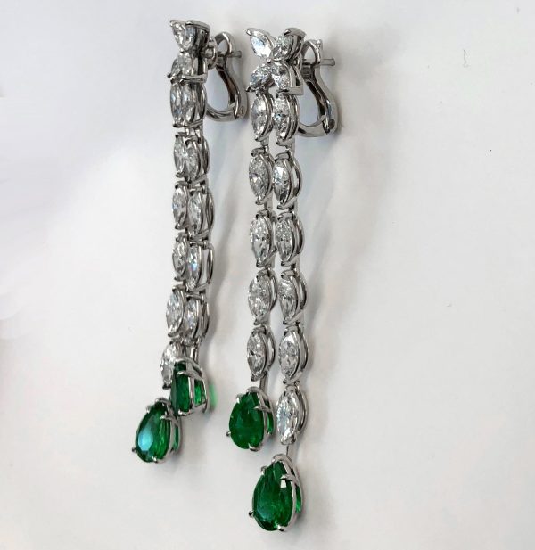 Marquise Diamond and Emerald Sweep Platinum Chandelier Earrings For Cheap