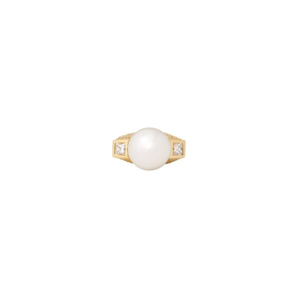 Modern 3-Stone South Sea Pearl + Princess-Cut Diamond Cocktail Ring Cheap