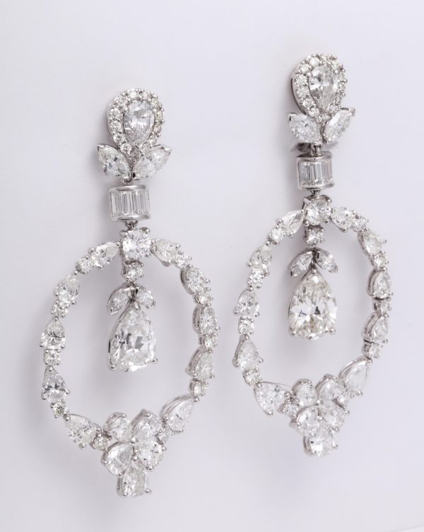 Suspended Pear-shaped Diamond and Stylized Laurel Chandelier Earrings Cheap