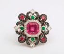 Emerald, Black Diamond, and Pink Tourmaline Shield Ring Online now