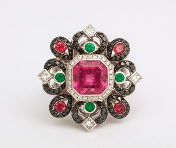 Emerald, Black Diamond, and Pink Tourmaline Shield Ring Online now