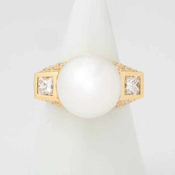 Modern 3-Stone South Sea Pearl + Princess-Cut Diamond Cocktail Ring Cheap