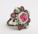 Emerald, Black Diamond, and Pink Tourmaline Shield Ring Online now