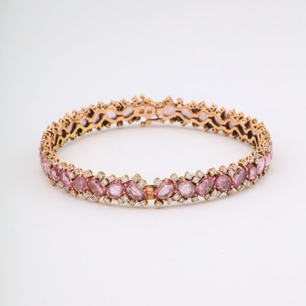 Pink Sapphire, Diamond, and Jagged White Gold Stack Bracelet For Sale