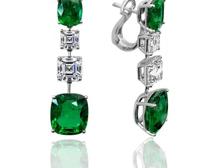 Emerald Cut Diamond and Cushion Shaped Emerald Pendulum Drop Earrings Supply