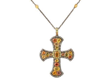 Stylized Gothic Multi Color Sapphire + Diamond Cross Necklace For Sale